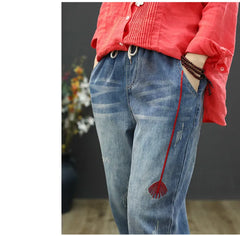 Fashion Ripped Loose Jeans Casual Embroidery Denim Trousers Vintage
