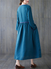 Cotton Linen Long Sleeve Floral Print Vintage Dresses