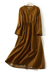 Cotton Linen Vintage Floral Print Casual Loose Long Dress