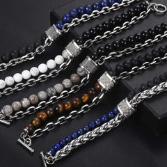 Men's Tiger Eye Stone Beaded Bracelet Stainless Steel Jewelry