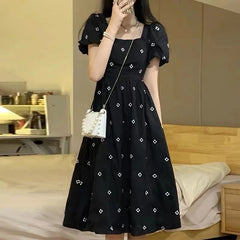 Elegant Midi Style Floral Print Square Collar Casual Dresses