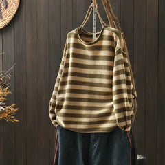 Fashion Casual Women Contrast Stripe Sweater Long Sleeve Basic
