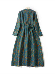 Cotton Linen Vintage Floral Print Casual Loose Long Dress