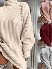Women Turtleneck Oversized Knitted Dress Solid Long Sleeve
