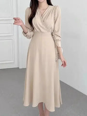 Fashion Long Sleeve V-neck Dress Casual Solid Color High Waist Clothes Streetwear