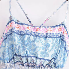 BOHO Contrast Color Blue White Floral Print Backless Sling Dress