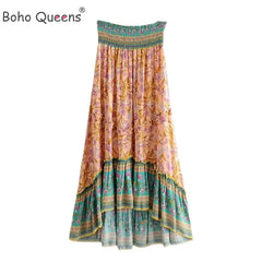 Boho Fashion Vintage Bohemian Floral Peacock Print Skirt