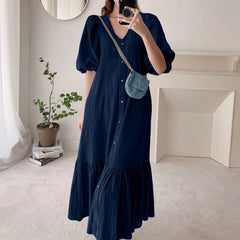 Fashion Retro Women Dress Summer Puff Sleeve Maxi Casual