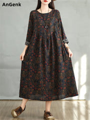 Cotton Vintage Long Sleeve Print Casual Loose Dress