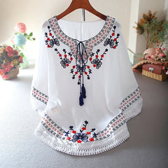 Fashion Floral Embroidery Batwing O-Neck Bohemian Casual Boho Blouse Clothing