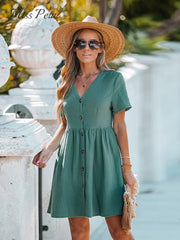 Cotton Button Front V-neck Mini A-line Dress