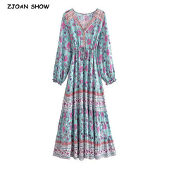BOHO Contrast Color Flower Print Long Sleeve Dress