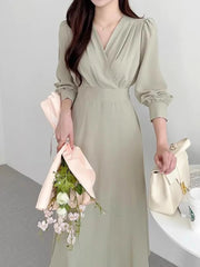 Fashion Long Sleeve V-neck Dress Casual Solid Color High Waist Clothes Streetwear