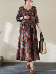 Cotton Vintage Long Sleeve Red Print Dresses Fashion Clothing