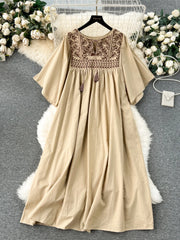 Women Casual Retro Embroidered Loose Long Dresses