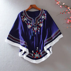 Fashion Floral Embroidery Batwing O-Neck Bohemian Casual Boho Blouse Clothing