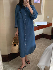 Casual Denim Shirt Dress Loose Long Sleeve Cardigan Dress