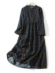 Cotton Linen Vintage Floral Print Casual Loose Long Dress