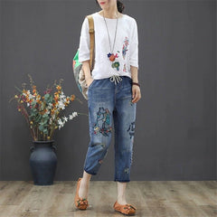 Embroidery Ankle-Length Baggy Jeans Elastic High Waist Harem Pants
