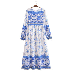 BOHO Totem Print Bow Lacing up Neck Long Straight Dress