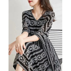 Chiffon Print V-neck Fashion Women Clothing Party Vestido Dress