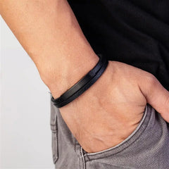 Simple Style Men's Black Genuine Leather Bracelet Classic Bangles