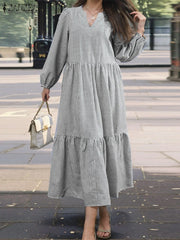 Elegant V Neck Long Sleeve Dress Striped Sundress Pleated Midi Robe Fashion