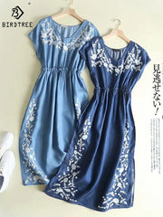 Denim Dresses Embroidery Skirt V-Necks Short Sleeve Slim Waist Retro