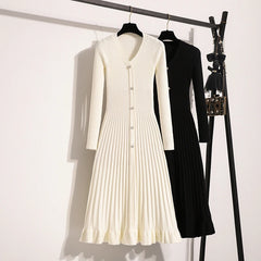 Solid Knitted Sweater Long Dresses Office V Neck Long Sleeve High Waist