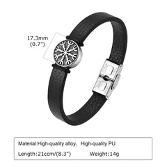 Viking Compass Charm Bracelets for Men Black PU Leather Bangle