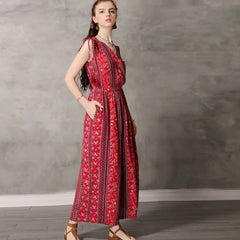 Red Floral Printing Jumpsuits Overalls V Neck Cotton Boho Wind Jumpsuit