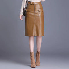 Straight Skirts Solid Color Casual PU Leather Knee Length