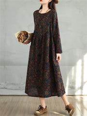 Cotton Vintage Long Sleeve Print Casual Loose Dress