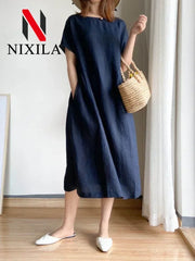 Elegant Casual Loose Short Sleeve Tops A-LINE Oversize Solid Midi Dresses