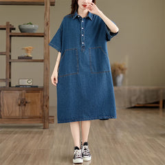 Denim Dress Loose Plus Size Short Sleeve POLO Neck Jeans