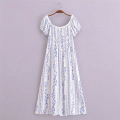 BOHO White Blue Flower Striped Print Maxi Dress