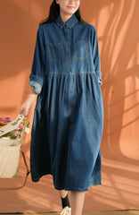 Dresses Single Breasted Turn Down Collar Denim Dress Solid Pockets