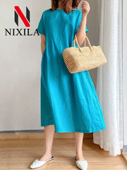 Elegant Casual Loose Short Sleeve Tops A-LINE Oversize Solid Midi Dresses