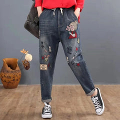 Embroidery Ankle-Length Baggy Jeans Elastic High Waist Harem Pants