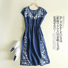 Denim Dresses Embroidery Skirt V-Necks Short Sleeve Slim Waist Retro