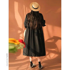 Dresses Single Breasted Turn Down Collar Denim Dress Solid Pockets