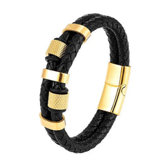 Irregular Beads Men Fashion Stainless Steel Leather Bracelet Classic