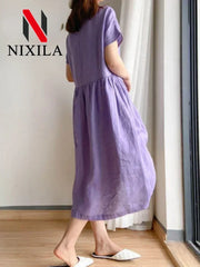 Elegant Casual Loose Short Sleeve Tops A-LINE Oversize Solid Midi Dresses