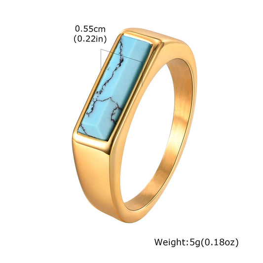 Stone Signet Ring Unisex Gold Plated Stainless Steel Finger Band