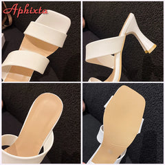 8cm Thin Heels Slides Square Toe Straps Sandals