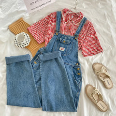 Retro Blue Strap Denim Pants Jeans Overalls Streetwear Casual