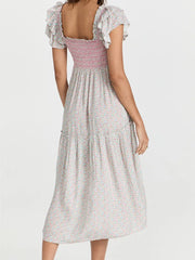 BOHO Spliced Wood ears Ruffles Sleeve Floral Print Midi Dress Hippie