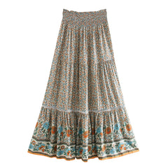 Boho Women Beige Floral Print Beach Bohemian Skirt