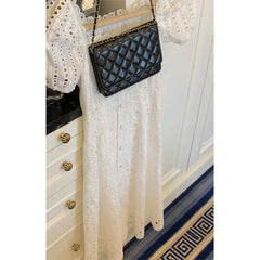 Elegant Hollow Out White Midi Dress Short Sleeve Clothes