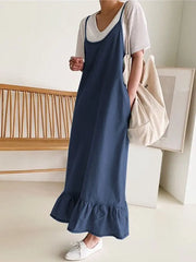 Fashion Sundress Summer Vintage Ruffles Casual Straps Solid Midi